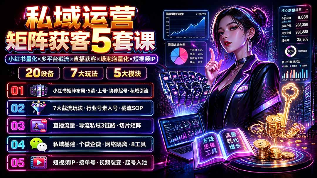 私域运营矩阵获客5套课:小红书量化×多平台截流×直播获客×绿泡泡量化×短视频IP×20设备×7大玩法-爱搭资源网