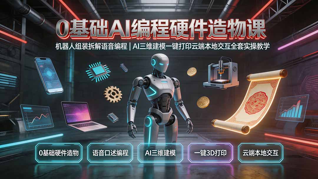 0基础AI编程硬件造物课｜机器人组装拆解语音编程，AI三维建模一键打印云端本地交互全套实操教学-爱搭资源网