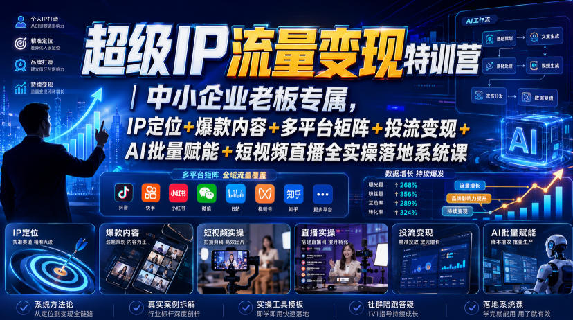 超级IP流量变现特训营｜中小企业老板专属，IP定位+爆款内容+多平台矩阵+投流变现+AI批量赋能+短视频直播全实操落地系统课-爱搭资源网
