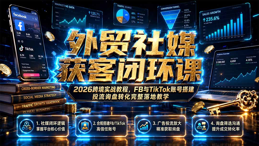 外贸社媒获客闭环课｜2026跨境实战教程，FB与TikTok账号搭建投流询盘转化完整落地教学-爱搭资源网
