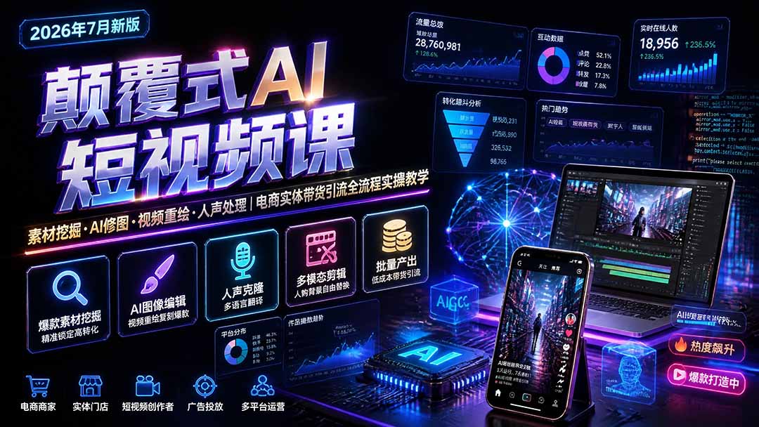 颠覆式AI短视频课｜素材挖掘，AI修图，视频重绘，人声处理｜电商实体带货引流全流程实操教学-爱搭资源网