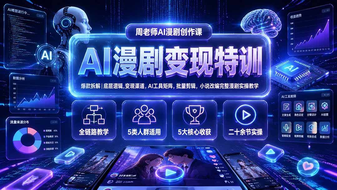 AI漫剧变现特训★爆款拆解｜底层逻辑，变现渠道，AI工具矩阵，批量剪辑，小说改编完整漫剧实操教学-爱搭资源网