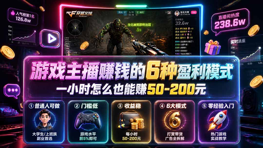 付费文章：游戏主播赚钱的6种盈利模式，一小时怎么也能赚50-200元-爱搭资源网