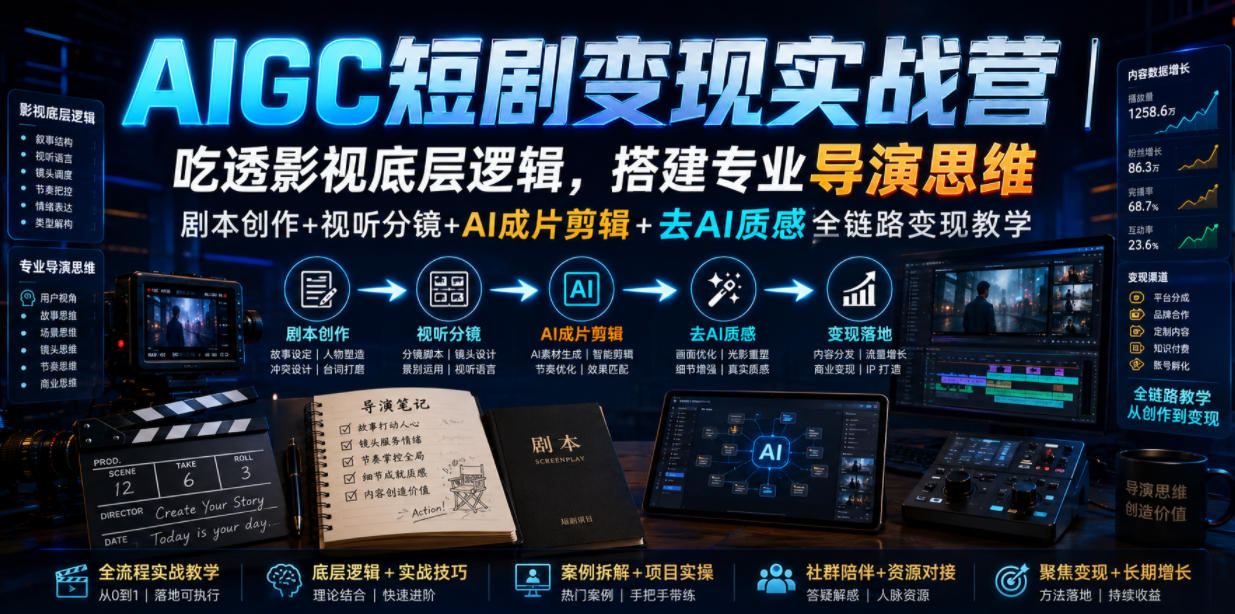 AIGC短剧变现实战营｜吃透影视底层逻辑，搭建专业导演思维，剧本创作+视听分镜+AI成片剪辑+去AI质感全链路变现教学-爱搭资源网