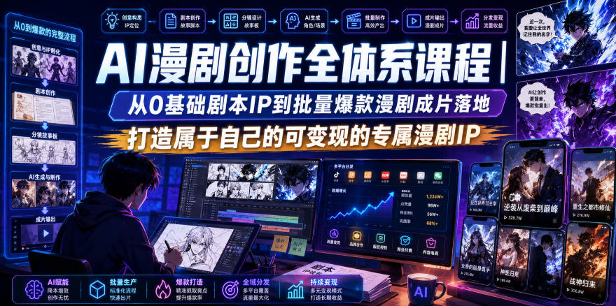 AI漫剧创作全体系课程｜从0基础剧本IP到批量爆款漫剧成片落地，打造属于自己的可变现的专属漫剧IP-爱搭资源网