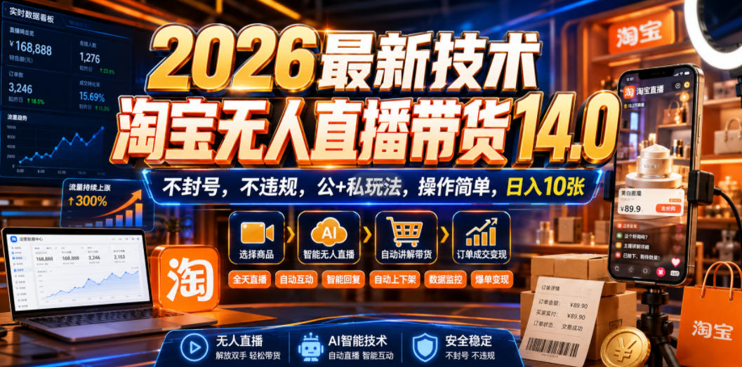 2026最新技术，淘宝无人直播带货14.0，不封号，不违规，公+私玩法，操作简单，日入10张【揭秘】-爱搭资源网