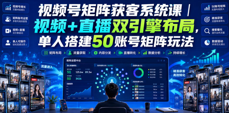 视频号矩阵获客系统课｜视频+直播双引擎布局，单人搭建50账号矩阵玩法，流量入池、搜索占位、全域引流沉淀私域全流程教学-爱搭资源网