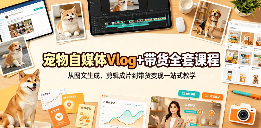 宠物自媒体Vlog+带货全套课程|从图文生成、剪辑成片到带货变现一站式教学-爱搭资源网