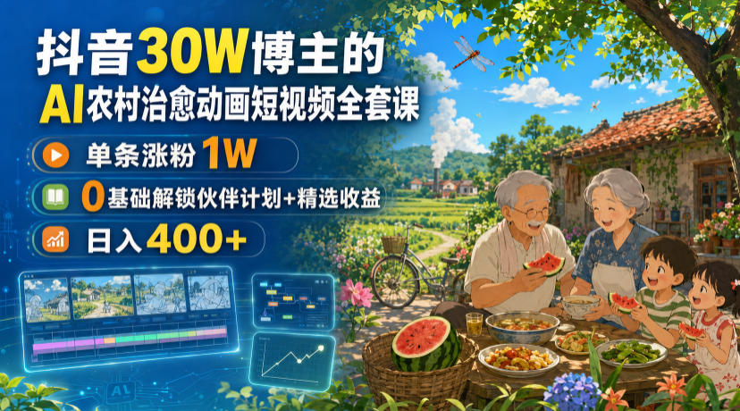 抖音30W博主的AI农村治愈动画短视频全套课｜单条涨粉1W，0基础解锁伙伴计划+精选收益，日入400+-爱搭资源网