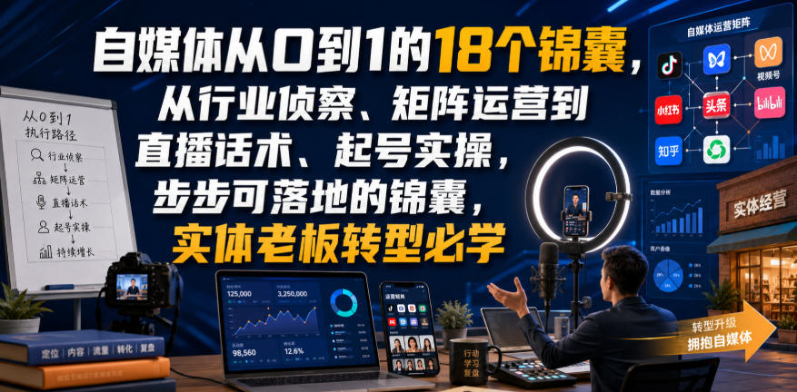 自媒体从0到1的18个锦囊,从行业侦察、矩阵运营到直播话术、起号实操,步步可落地的锦囊,实体老板转型必学-爱搭资源网