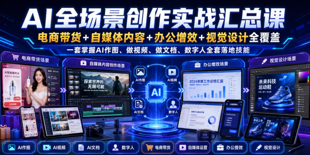 AI全场景创作实战汇总课｜电商带货+自媒体内容+办公增效+视觉设计全覆盖，一套掌握AI作图、做视频、做文档、数字人全套落地技能-爱搭资源网