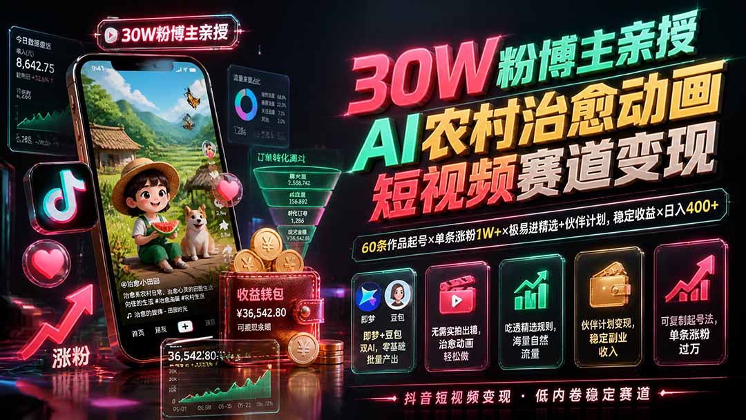 30W粉博主亲授AI农村治愈动画短视频赛道变现：60条作品起号×单条涨粉1W+×极易进精选+伙伴计划，稳定收益×日入400+-爱搭资源网