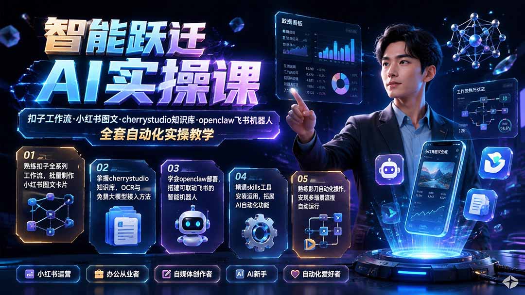 智能跃迁 AI实操课｜扣子工作流小红书图文搭建，cherrystudio知识库openclaw飞书机器人全套自动化实操教学-爱搭资源网