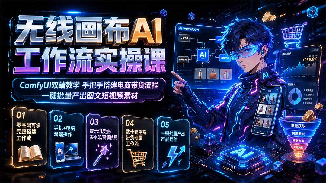 无线画布AI工作流实操课｜ComfyUI双端教学，手把手搭建电商带货流程，一键批量产出图文短视频素材-爱搭资源网