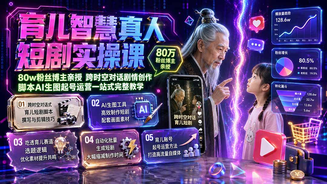育儿智慧真人短剧实操课|80w粉丝博主亲授,跨时空对话剧情创作,脚本AI生图起号运营一站式完整教学-爱搭资源网