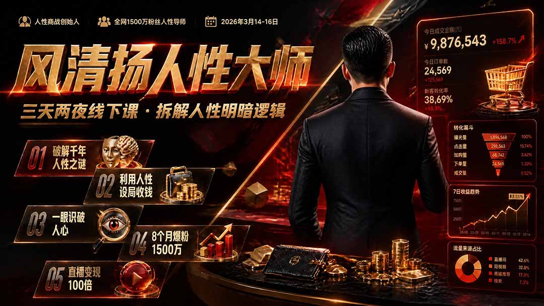 风清扬人性大师-三天两夜3月14-16线下课2026年|拆解人性明暗逻辑,识人避坑,千万粉涨粉+直播百倍变现实战教学-爱搭资源网