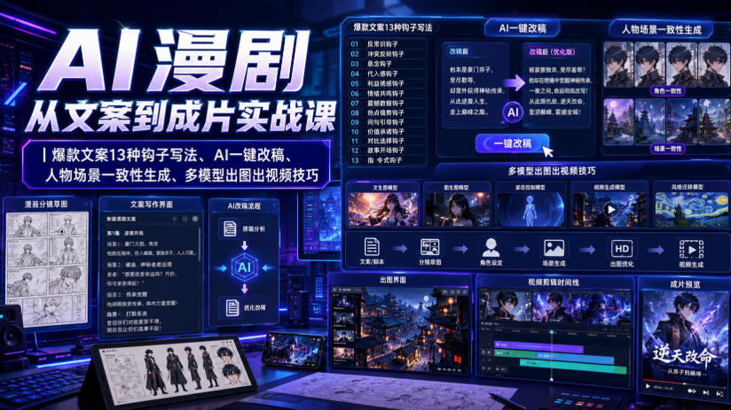 AI漫剧从文案到成片实战课｜爆款文案13种钩子写法、AI一键改稿、人物场景一致性生成、多模型出图出视频技巧-爱搭资源网