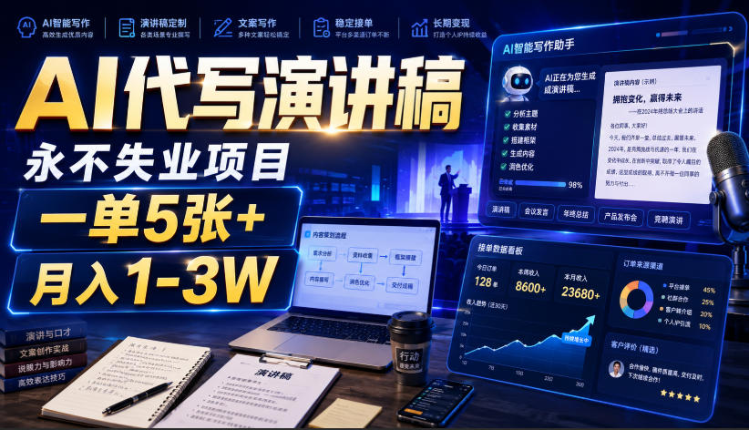 AI代写演讲稿,永不失业项目,一单5张+,月入1-3W【揭秘】-爱搭资源网