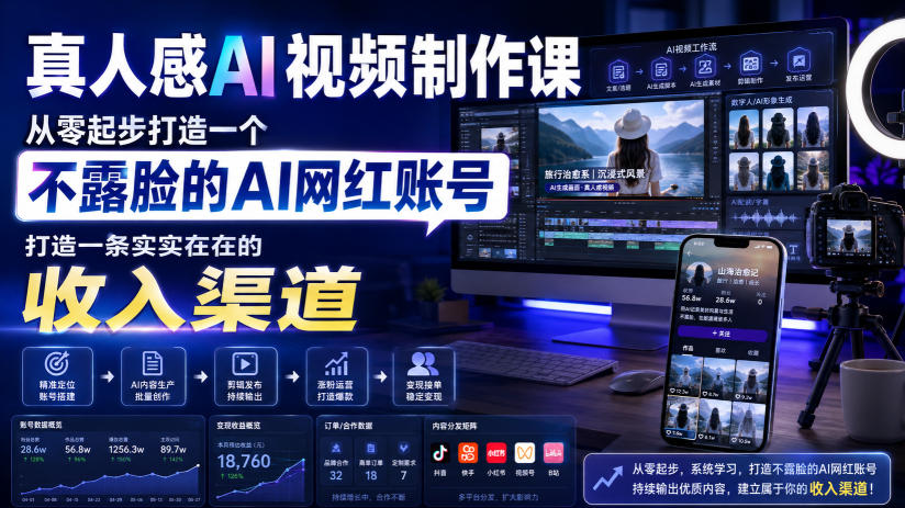 真人感AI视频制作课，从零起步打造一个不露脸的AI网红账号，打造一条实实在在的收入渠道【原创双语字幕】-爱搭资源网