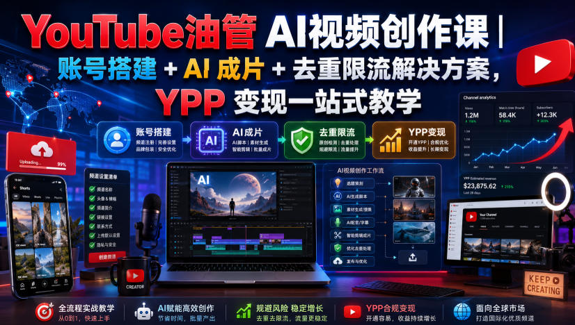 YouTube油管AI视频创作课｜账号搭建+AI成片+去重限流解决方案，YPP变现一站式教学-爱搭资源网