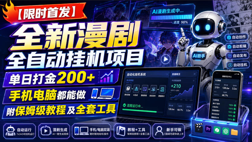 【限时首发】全新漫剧全自动挂G项目，单日打金200+，手机电脑都能做，附保姆级教程及全套工具【揭秘】-爱搭资源网