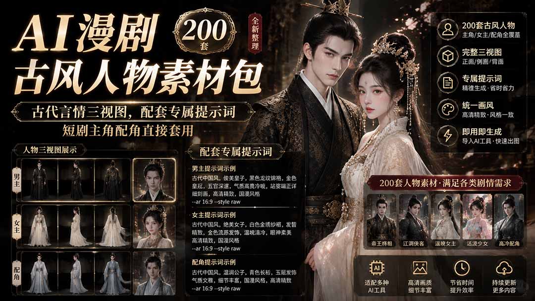 AI漫剧古风人物素材包+提示词｜200 套古代言情三视图，配套专属提示词短剧主角配角直接套用-爱搭资源网