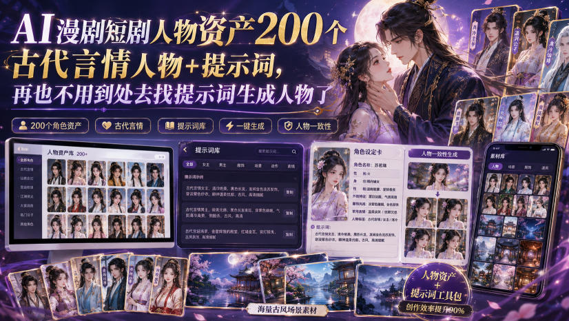 AI漫剧短剧人物资产200个古代言情人物+提示词，再也不用到处去找提示词生成人物了-爱搭资源网
