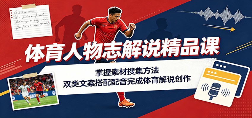 体育人物志解说精品课：掌握素材搜集方法，双类文案搭配配音完成体育解说创作-爱搭资源网