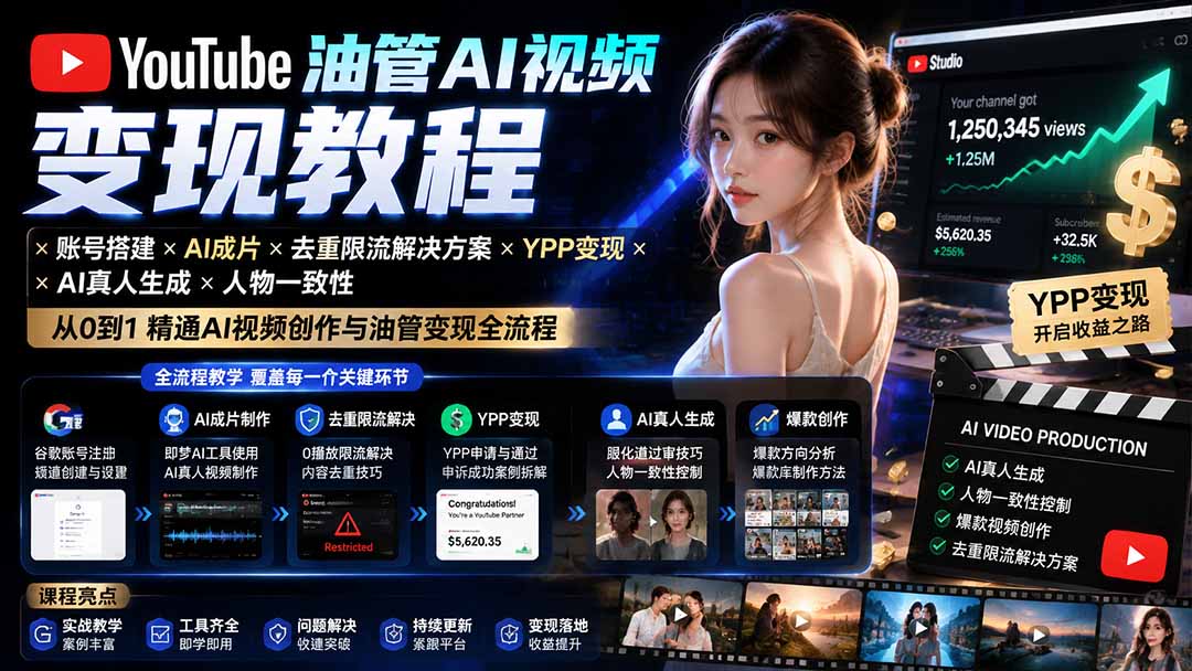 YouTube油管AI视频变现教程：账号搭建×AI成片×去重限流解决方案×YPP变现×AI真人生成×人物一致性-爱搭资源网