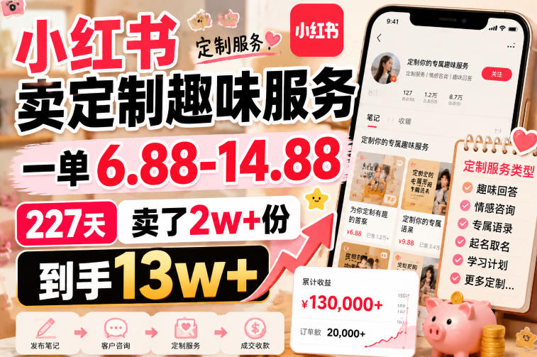 小红书卖定制趣味服务，一单6.88-14.88，227天卖了2w+份，到手13w+-爱搭资源网
