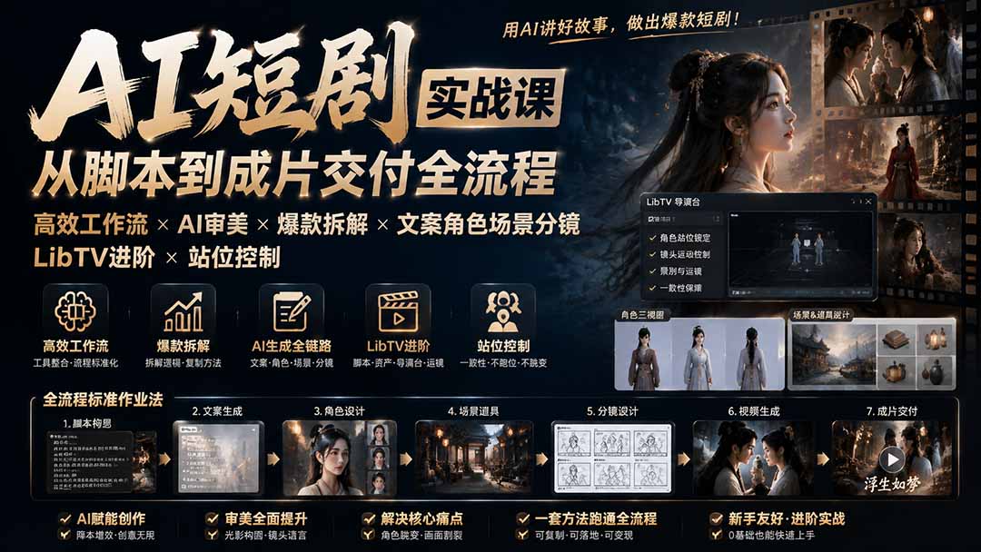 AI短剧实战课：高效工作流×AI审美×爆款拆解×文案角色场景分镜×LibTV进阶×站位控制×从脚本到成片交付全流程-爱搭资源网
