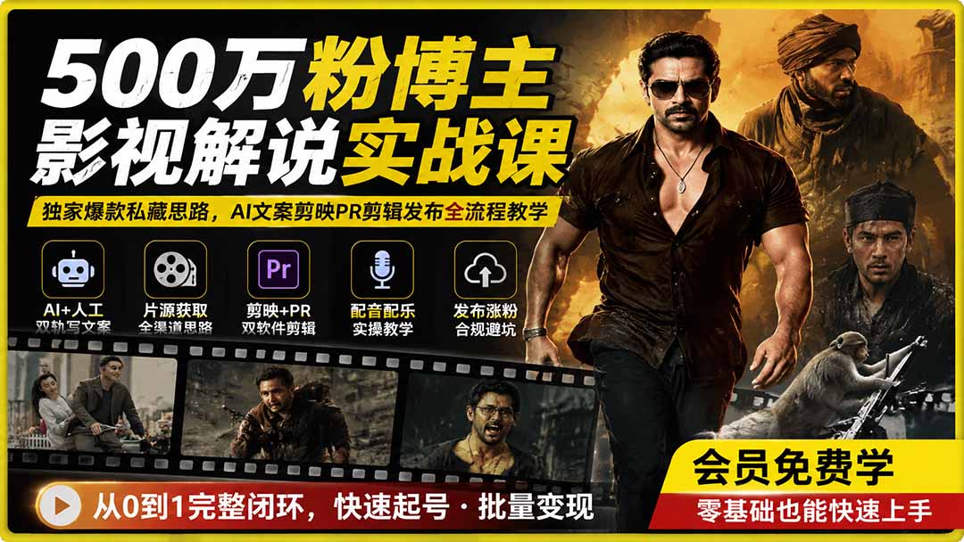 500万粉博主影视解说实战课｜独家爆款私藏思路，AI文案剪映PR剪辑发布全流程教学-爱搭资源网