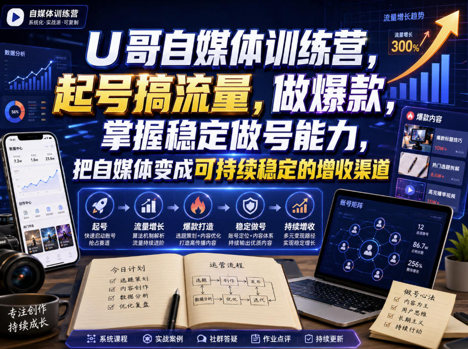 U哥自媒体训练营，起号搞流量，做爆款，掌握稳定做号能力，把自媒体变成可持续稳定的增收渠道-爱搭资源网