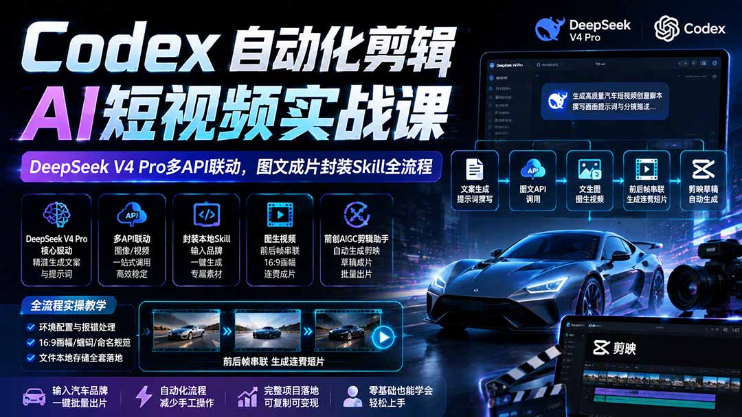 Codex自动化剪辑AI短视频实战课｜DeepSeek V4 Pro多API联动，图文成片封装Skill全流程-爱搭资源网