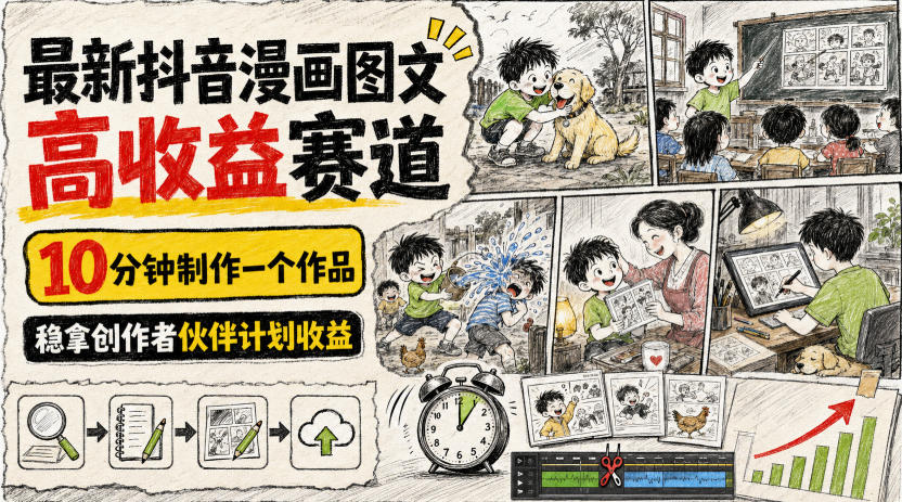 最新抖音漫画图文高收益赛道，10分钟制作一个作品，稳拿创作者伙伴计划收益-爱搭资源网