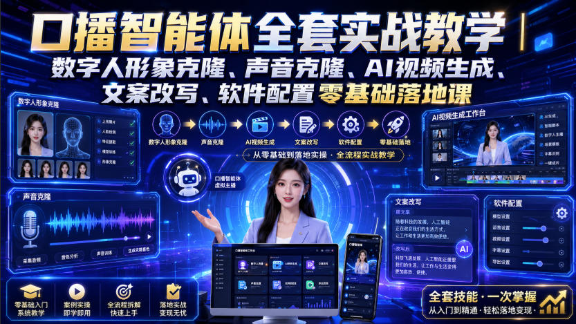 口播智能体全套实战教学｜数字人形象克隆、声音克隆、AI视频生成、文案改写、软件配置零基础落地课-爱搭资源网