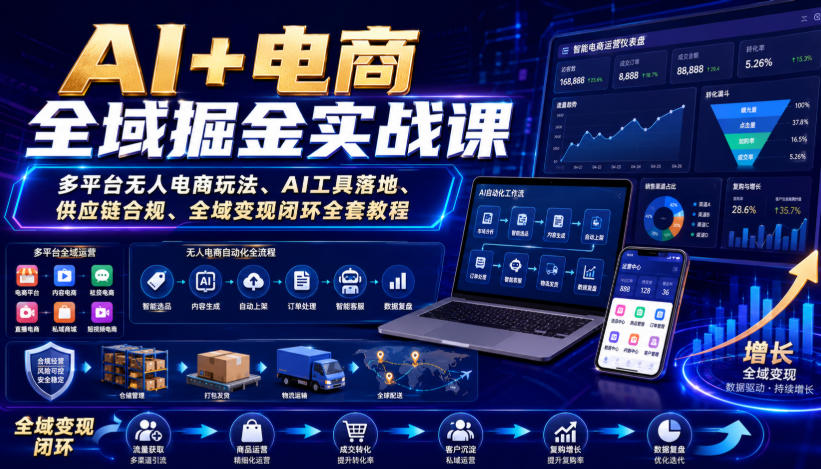 AI+电商全域掘金实战课｜多平台无人电商玩法、AI工具落地、供应链合规、全域变现闭环全套教程-爱搭资源网