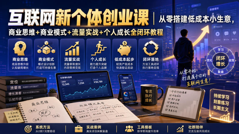 互联网新个体创业课｜从零搭建低成本小生意，商业思维+商业模式+流量实战+个人成长全闭环教程-爱搭资源网