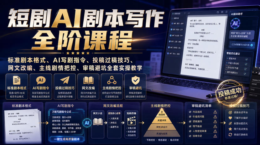 短剧AI剧本写作全阶课程｜标准剧本格式、AI写剧指令、投稿过稿技巧、网文改编、主线剧情把控、审稿避坑全套实操教学-爱搭资源网