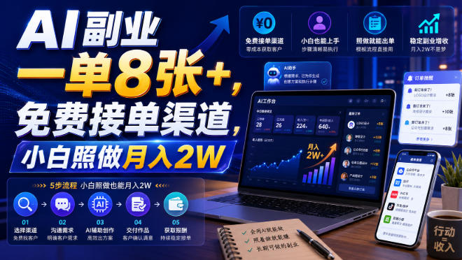 AI副业一单8张+，免费接单渠道，小白照做月入2W【揭秘】-爱搭资源网