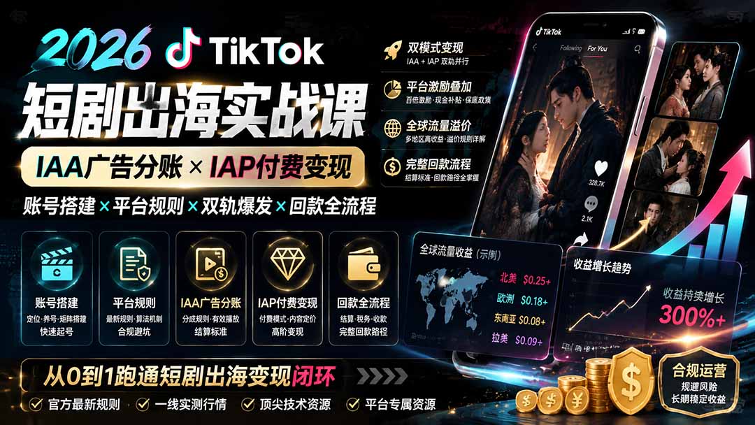 2026TikTok短剧出海实战课：IAA广告分账×IAP付费变现×账号搭建×平台规则×双轨爆发×回款全流程-爱搭资源网