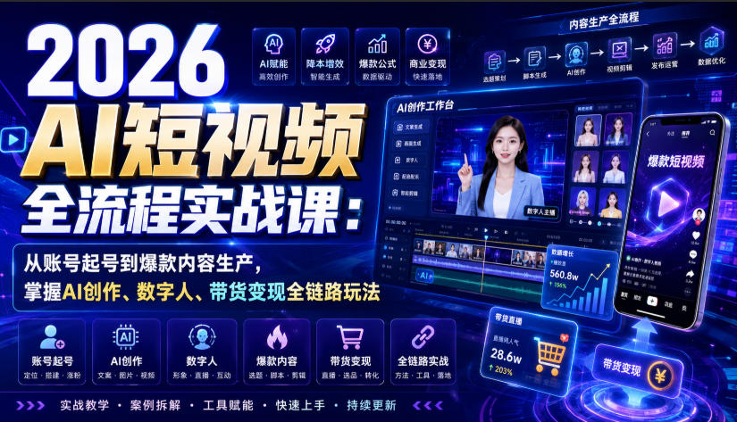 2026 AI短视频全流程实战课：从账号起号到爆款内容生产，掌握AI创作、数字人、带货变现全链路玩法-爱搭资源网