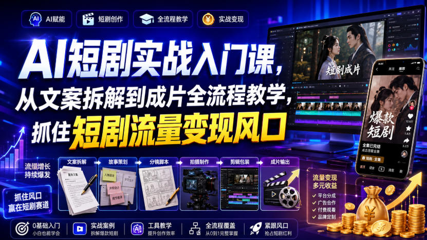 AI短剧实战入门课，从文案拆解到成片全流程教学，抓住短剧流量变现风口-爱搭资源网