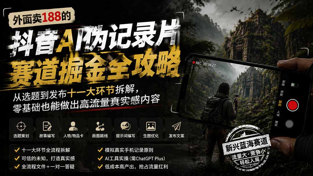 外面卖188的抖音AI伪记录片赛道掘金全攻略；从选题到发布十一大环节拆解，零基础也能做出高流量真实感内容-爱搭资源网