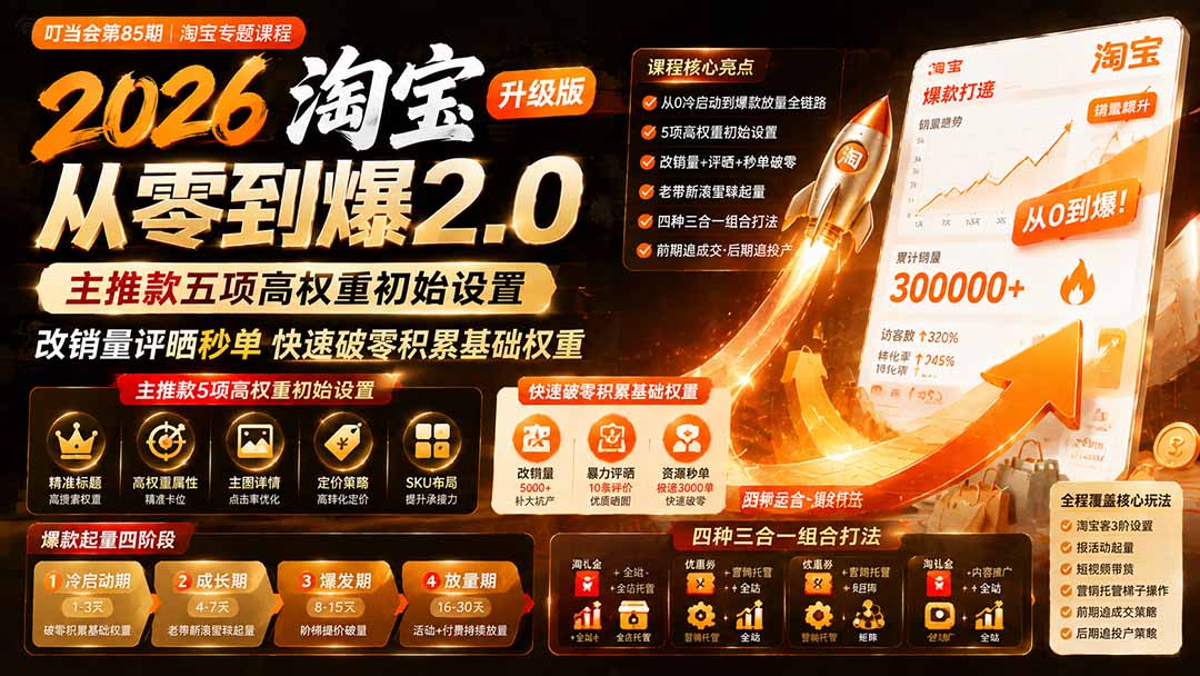 2026淘宝从零到爆2.0第85期；主推款五项高权重初始设置，改销量评晒秒单快速破零积累基础权重-爱搭资源网