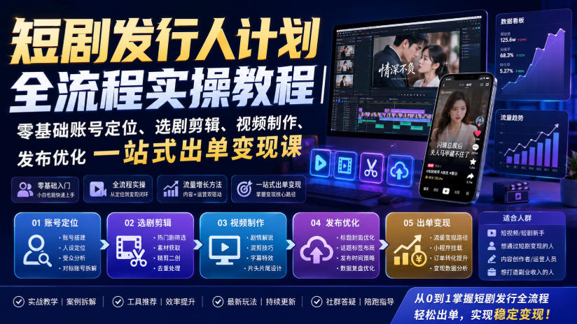短剧发行人计划全流程实操教程｜零基础账号定位、选剧剪辑、视频制作、发布优化一站式出单变现课​-爱搭资源网