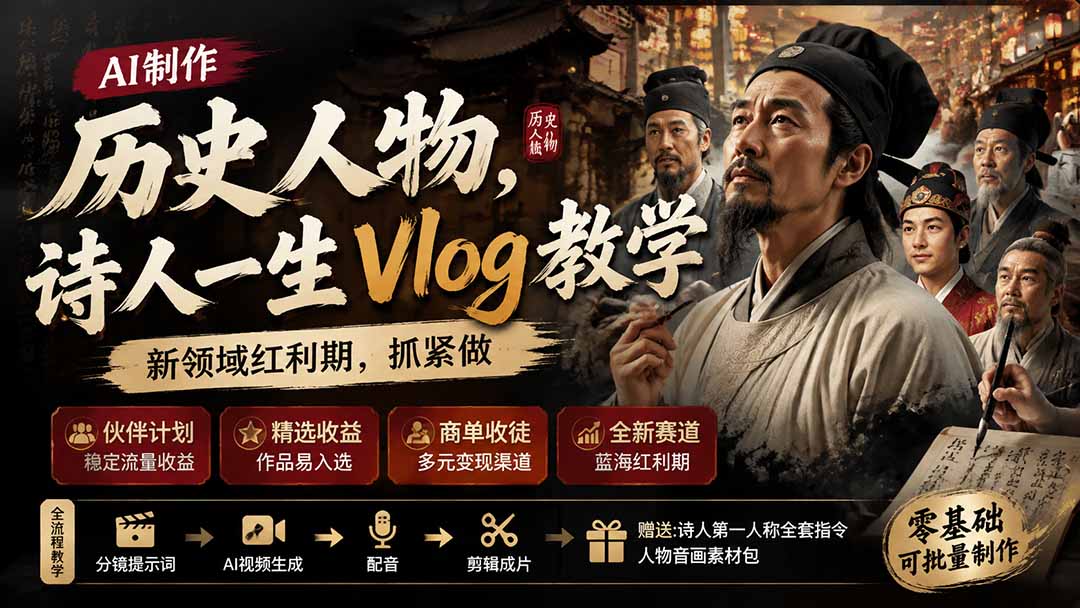 历史人物，诗人一生Vlog教学， AI制作丨伙伴计划丨精选收益丨商单收徒 ，新领域红利期，抓紧做-爱搭资源网
