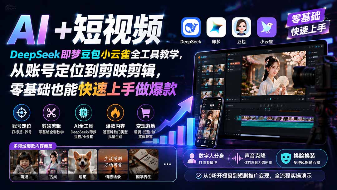 AI+短视频｜DeepSeek即梦豆包小云雀全工具教学，从账号定位到剪映剪辑，零基础也能快速上手做爆款-爱搭资源网