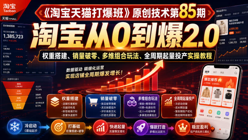 《淘宝天猫打爆班》原创技术第85期，淘宝从0到爆2.0，权重搭建、销量破零、多维组合玩法、全周期起量投产实操教程-爱搭资源网