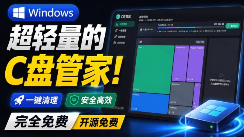 Windows超轻量的C盘管家！超级有特点，支持磁盘分析及清理提醒，2M大小体积，完全免费C盘管家-爱搭资源网